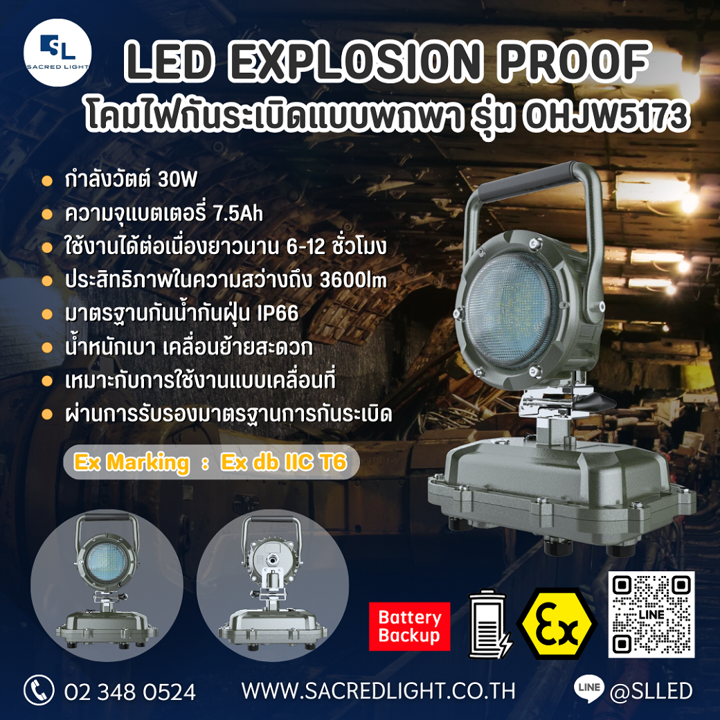 โคมไฟกันระเบิดแบบพกพา รุ่น OHJW5173 Series ขนาดกำลังวัตต์ 30W  (LED EXPLOSION PROOF Portable Hand Lamps)