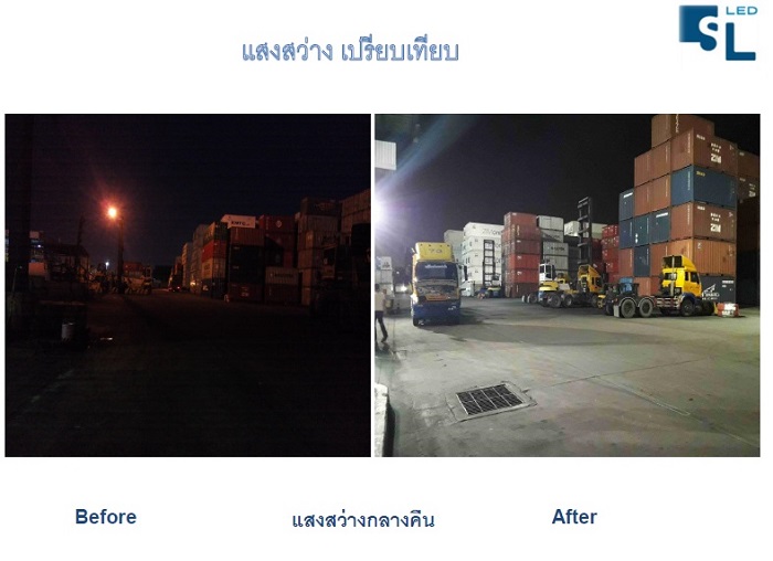 ผลงานการติดตั้งโคมฟลัดไลท์ LED แบบเสาสูง(LED FLOOD LIGHT-HIGH MAST) @บริษัทบริการท่าเทียบเรือ