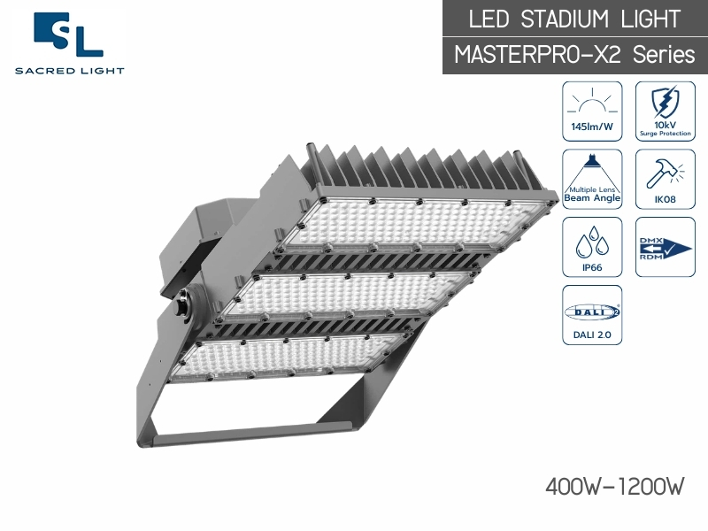 โคมไฟสปอร์ตไลท์ สำหรับสนามกีฬา LED MASTERPRO-X2 Series (400W-1200W) สว่างมาตรฐานสากล น้ำหนักเบาที่สุด โดย SacredLight