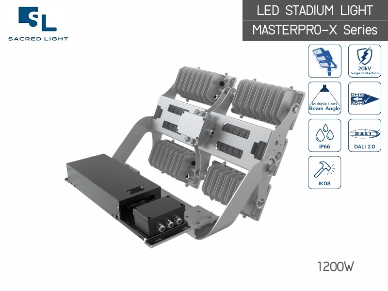 โคมไฟสปอร์ตไลท์ สำหรับสนามกีฬา LED MASTERPRO-X Series (200W-1200W) สว่างสูงสุด 140lm/W หน้ากระจกนิรภัย ทนทานที่สุด โดย SacredLight