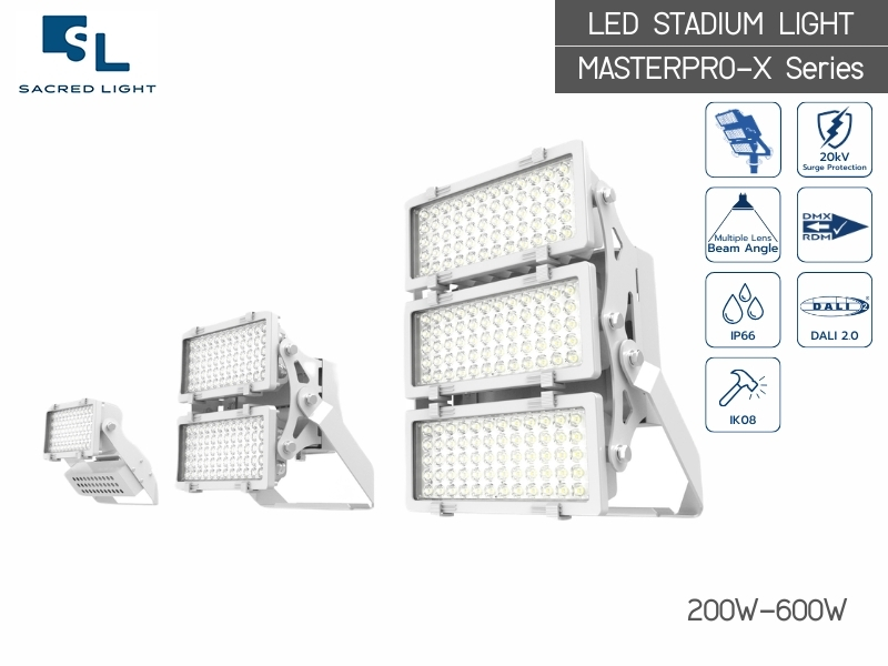 โคมไฟสปอร์ตไลท์ สำหรับสนามกีฬา LED MASTERPRO-X Series (200W-1200W) สว่างสูงสุด 140lm/W หน้ากระจกนิรภัย ทนทานที่สุด โดย SacredLight