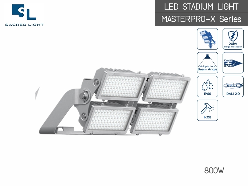 โคมไฟสปอร์ตไลท์ สำหรับสนามกีฬา LED MASTERPRO-X Series (200W-1200W) สว่างสูงสุด 140lm/W หน้ากระจกนิรภัย ทนทานที่สุด โดย SacredLight
