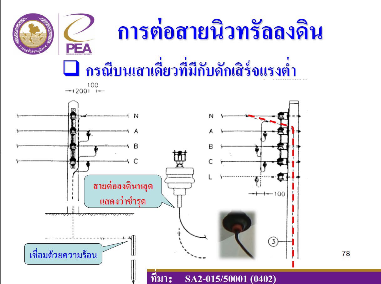 วิธีต่อสายนิวทรัลลงดินกรณีเสาเดี่ยวที่มีกับดักเสิร์จแรงต่ำ เชื่อมด้วยความร้อน