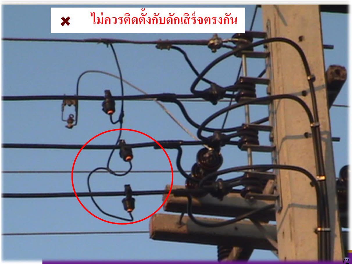ตัวอย่างการติดตั้งกับดักเสิร์จแรงต่ำแบบผิด &mdash; ไม่ควรติดตั้งตรงกัน
