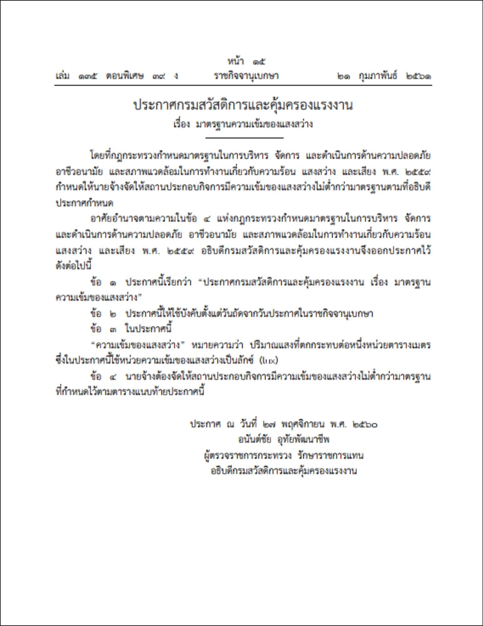 ราชกิจจานุเบกษาประกาศกรมสวัสดิการและคุ้มครองแรงงาน เรื่อง มาตรฐานความเข้มของแสงสว่าง