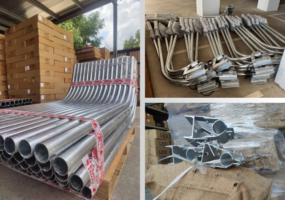 กิ่งโคม หรือแขนจับโคมไฟถนน คืออุปกรณ์ที่ใช้ยึดโคมไฟเข้ากับเสาไฟหรือผนัง ช่วยขยายระยะห่างของโคมไฟออกจากเสาเพื่อการกระจายแสงที่เหมาะสมบนผิวถนนหรือพื้นที่เป้าหมาย กิ่งโคมไฟถนนที่พบทั่วไปทำจากท่อเหล็กคุณภาพสูง มีความแข็งแรงทนทาน โดยขนาดเส้นผ่านศูนย์กลางท่อที่ใช้มักอยู่ราว 1–2 นิ้ว ขึ้นอยู่กับการออกแบบและน้ำหนักของโคมไฟที่รองรับ รูปทรงกิ่งโคมมีทั้งแบบโค้งมาตรฐาน และแบบแขนตรงหรือรูปตัวที ซึ่งเลือกใช้ตามความเหมาะสมของพื้นที่และความต้องการส่องสว่าง   กิ่งโคมไฟถนนที่ผลิตในประเทศไทยมักผ่านการเคลือบผิวเพื่อป้องกันสนิมและเพิ่มความสวยงาม มีสองแบบหลักคือ แบบชุบกัลวาไนซ์แบบจุ่มร้อน ซึ่งจะได้ผิวสีเงินเมทัลลิกและทนต่อการกัดกร่อนสูง สามารถใช้งานภายนอกได้นานหลายปีโดยไม่เป็นสนิม อีกแบบคือ แบบพ่นสี ซึ่งนิยมพ่นสีเทาหรือสีดำเพื่อความเรียบร้อยกลมกลืนกับสภาพแวดล้อม ทั้งสองแบบมีคุณสมบัติการใช้งานไม่ต่างกันมากนัก แต่แบบชุบกัลวาไนซ์จะเด่นเรื่องความทนทานต่อสภาพอากาศมากกว่า จึงเป็นที่นิยมสำหรับงานภายนอกที่ต้องการอายุการใช้งานยาวนาน   การติดตั้งและการใช้งาน: กิ่งโคมสามารถติดตั้งโดยยึดกับปลายยอดเสาไฟ (กรณีเสาไฟกิ่งเดี่ยวหรือกิ่งคู่) หรือยึดข้างเสาหรือผนัง (กรณีกิ่งโคมติดผนัง) โดยใช้แคล้มป์หรือชุดน็อตยึดอย่างแน่นหนา กิ่งโคมมาตรฐานกรมทางหลวงของไทยจะมีฐานยึดที่ออกแบบให้เข้ากับเสาไฟมาตรฐาน เช่น เสาเหล็กกลม 4–6 นิ้ว และรองรับน้ำหนักโคมไฟถนน LED หรือโคมไฟทางแบบเดิมได้ตั้งแต่ประมาณ 1–30 กิโลกรัมต่อกิ่ง ตามรุ่นที่เลือกใช้นอกจากนี้บางรุ่นอาจออกแบบให้ปรับมุมเงยของโคมไฟได้ เพื่อให้การกระจายแสงตกสู่พื้นตามความกว้างถนนที่ต้องการ   โดยสรุป กิ่งโคมเป็นชิ้นส่วนเล็กแต่สำคัญที่ช่วยให้ระบบไฟส่องสว่างทำงานได้อย่างมีประสิทธิภาพ วัสดุที่แข็งแรงและการป้องกันสนิมที่ดีทำให้กิ่งโคมที่ผลิตโดยผู้ผลิตไทยมีความน่าเชื่อถือ สามารถใช้งานภายนอกอาคารในทุกสภาพอากาศได้โดยต้องการการดูแลรักษาน้อยมาก เพียงตรวจสอบความแน่นหนาของน็อตยึดเป็นครั้งคราวก็เพียงพอแล้ว