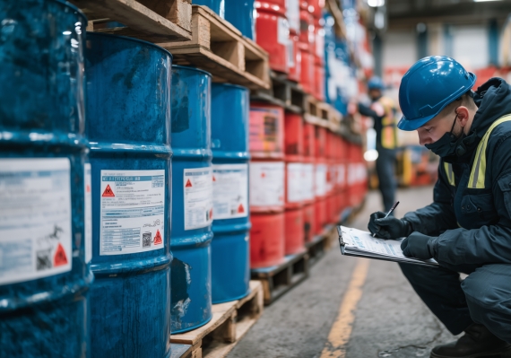 ภาพภายในพื้นที่เก็บสินค้าที่มีสารไวไฟ เช่น น้ำมัน สี ก๊าซ ที่เสี่ยงต่อการระเบิด