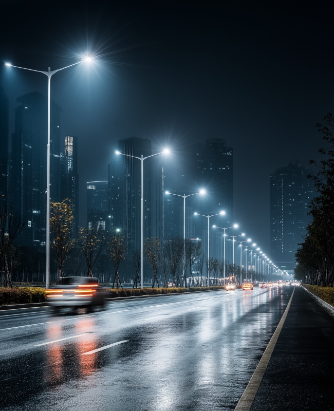 ภาพถนนเวลากลางคืน ที่ติดตั้งโคมไฟถนน LED ตลอดเส้นช่วยให้การเดินทางสะดวก สว่าง ปลอดภัย