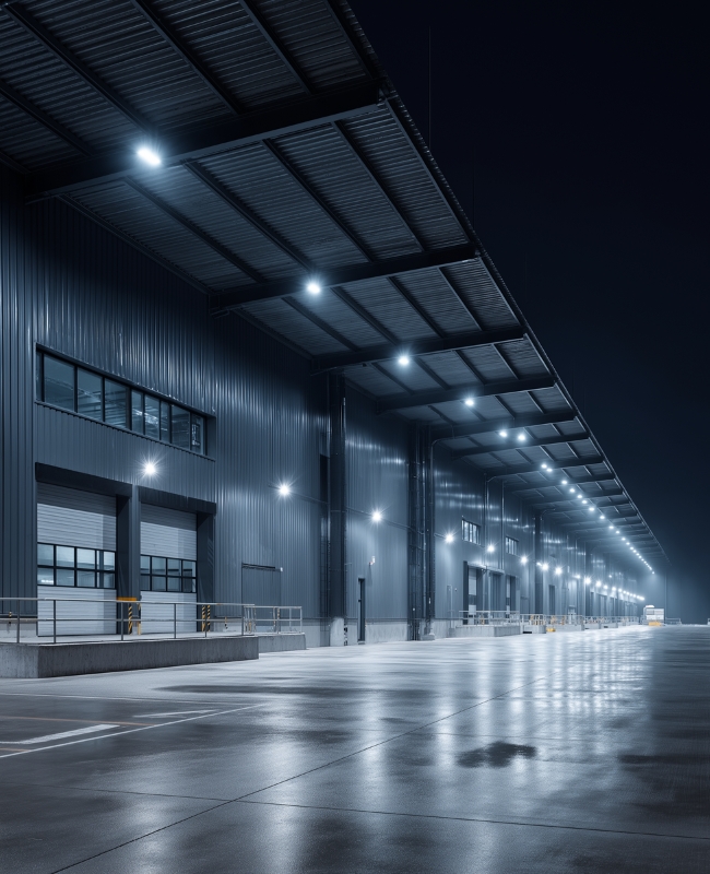 พื้นที่ขนย้ายสินค้าที่ติดตั้งโคมไฟฟลัดไลท์ LED ใต้หลังคา สว่างสูง เหมาะกับพื้นที่ทำงานที่ต้องใช้แสงสว่างว่าง
