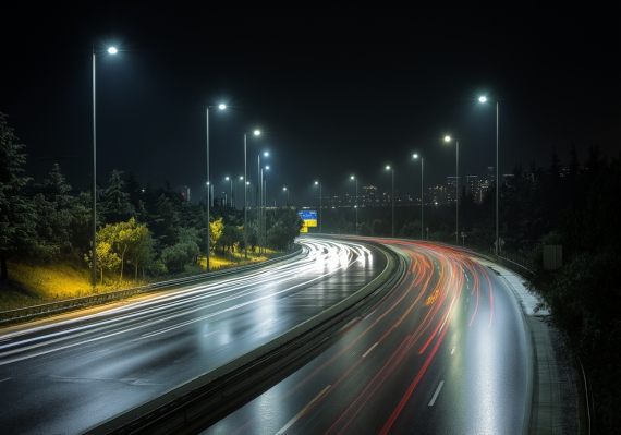 ภาพถนนเวลากลางคืนติดตั้งโคมไฟถนน LED ที่สว่างทดแทนหลอดเมทัลฮาไลด์แบบเดิมๆ