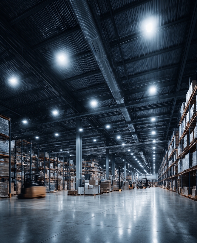 ภาพคลังสินค้าติดตั้งด้วยโคมไฟไฮเบย์LED