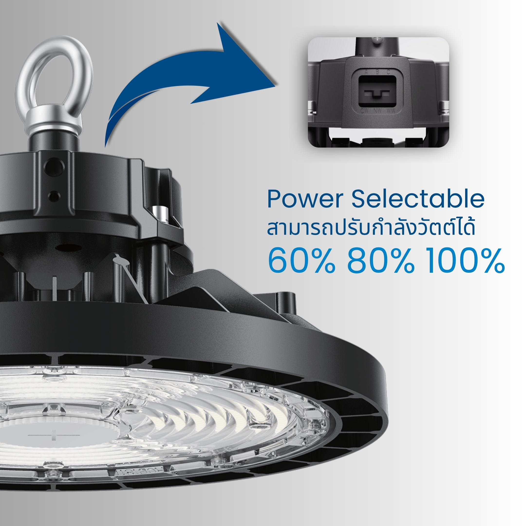 Power Selectable คือ ความสามารถของโคมไฟ LED รุ่นใหม่ที่ให้ผู้ใช้งานสามารถ ปรับเลือกกำลังวัตต์หรือความสว่างของโคมไฟได้หลายระดับในโคมไฟตัวเดียว ผ่านสวิตช์หรือปุ่มตั้งค่าที่ติดตั้งมากับตัวโคม ยกตัวอย่างเช่น โคมไฟไฮเบย์LED รุ่นE12 200W Series ปรับเลือกได้ 3 ระดับคือ 200W, 160W หรือ 120W ผู้ติดตั้งสามารถตั้งค่าให้เหมาะกับความสูงของเพดานหรือความต้องการแสงสว่างของพื้นที่หน้างานจริง โดยไม่ต้องเปลี่ยนโคมไฟใหม่    คุณสมบัตินี้ช่วยให้การออกแบบและติดตั้งระบบไฟมีความยืดหยุ่นสูง ผู้จัดซื้อสามารถสต็อกสินค้าน้อยรุ่นลงแต่ครอบคลุมการใช้งานหลากหลายสถานการณ์ ลดความยุ่งยากในการเลือกสเปคโคมไฟล่วงหน้า และในอนาคตหากต้องการปรับเพิ่มหรือลดความสว่างก็ทำได้ง่ายเพียงปรับสวิตช์เท่านั้น   นอกจากนี้ยังมีข้อดีในเชิงการ ประหยัดพลังงาน กล่าวคือ หากหน้างานจริงต้องการความสว่างน้อยกว่าที่ประเมิน ก็สามารถปรับลดกำลังวัตต์ลงเพื่อประหยัดไฟ โดยที่ยังใช้โคมตัวเดิม ไม่ต้องถอดเปลี่ยนใหม่
