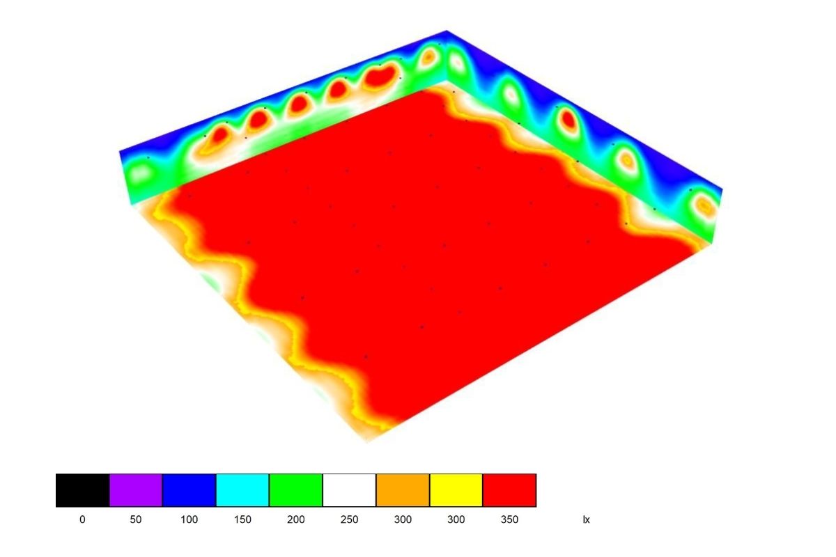 ผลจำลองแสงสว่างด้วยโปรแกรม DIALux แบบ False Color โรงงานแปซิฟิกไพพ์
