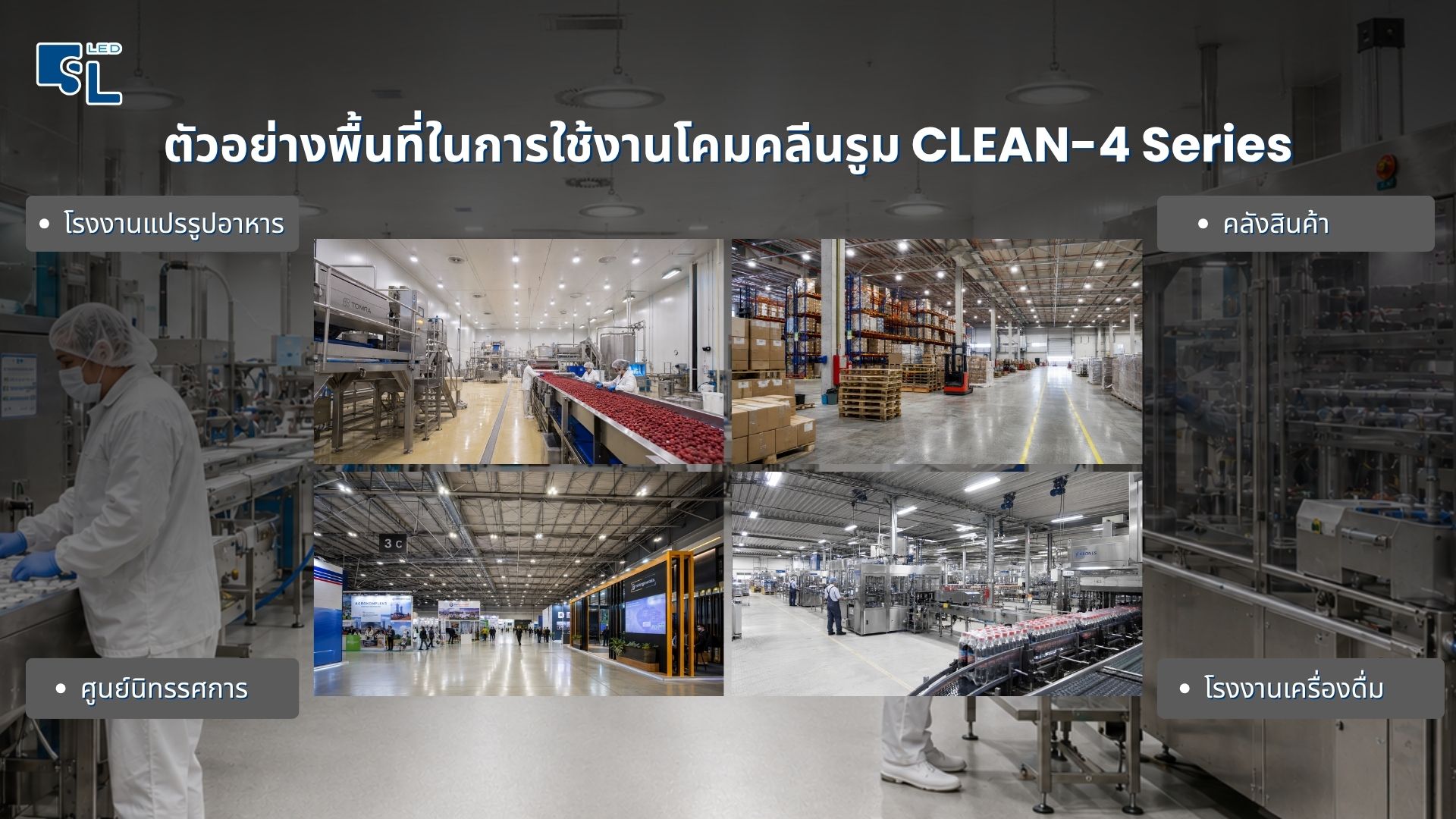 พื้นที่ใช้งานโคมไฟคลีนรูม CLEAN-4 โรงงานอาหาร คลังสินค้า ศูนย์นิทรรศการ โรงงานเครื่องดื่ม