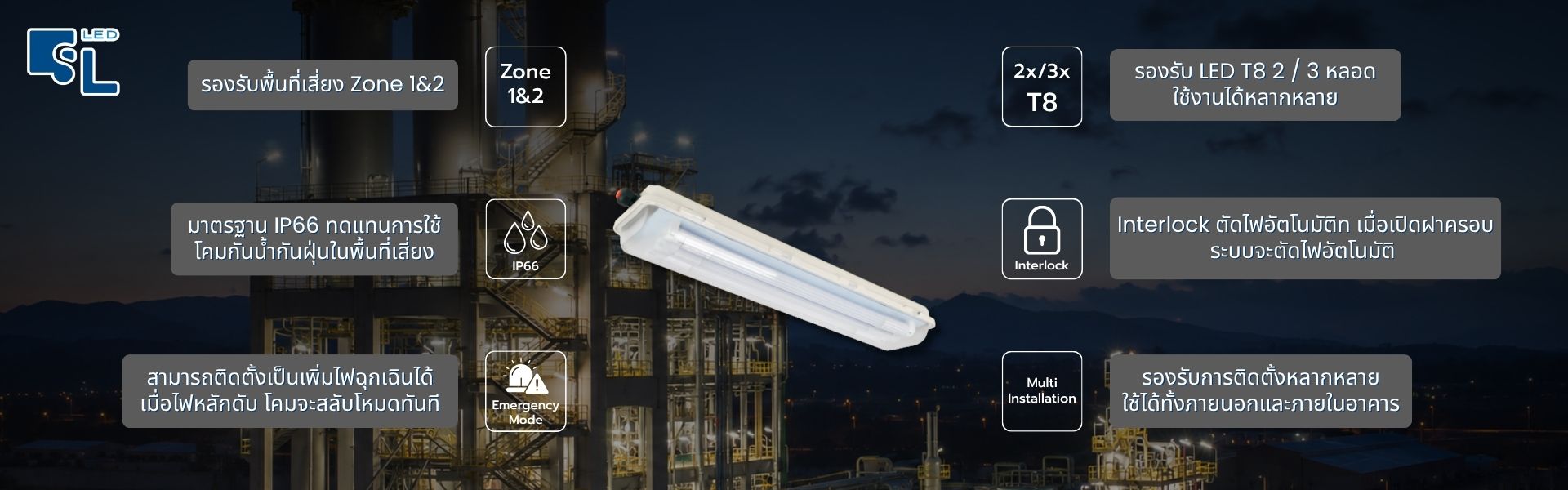 สรุปจุดเด่นโคมไฟกันระเบิด BC5407 Series Zone 1 Zone 2 IP66 Interlock Emergency Mode Multi Installation โดย SacredLight