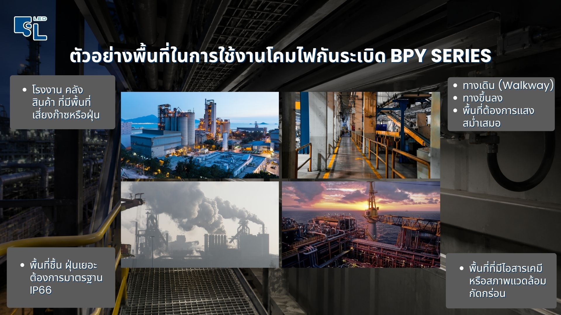 ตัวอย่างพื้นที่ใช้งานโคมไฟกันระเบิด T8 BPY Series โรงกลั่น คลังน้ำมัน ห้องพ่นสี โรงงานเคมี Zone 1 Zone 2