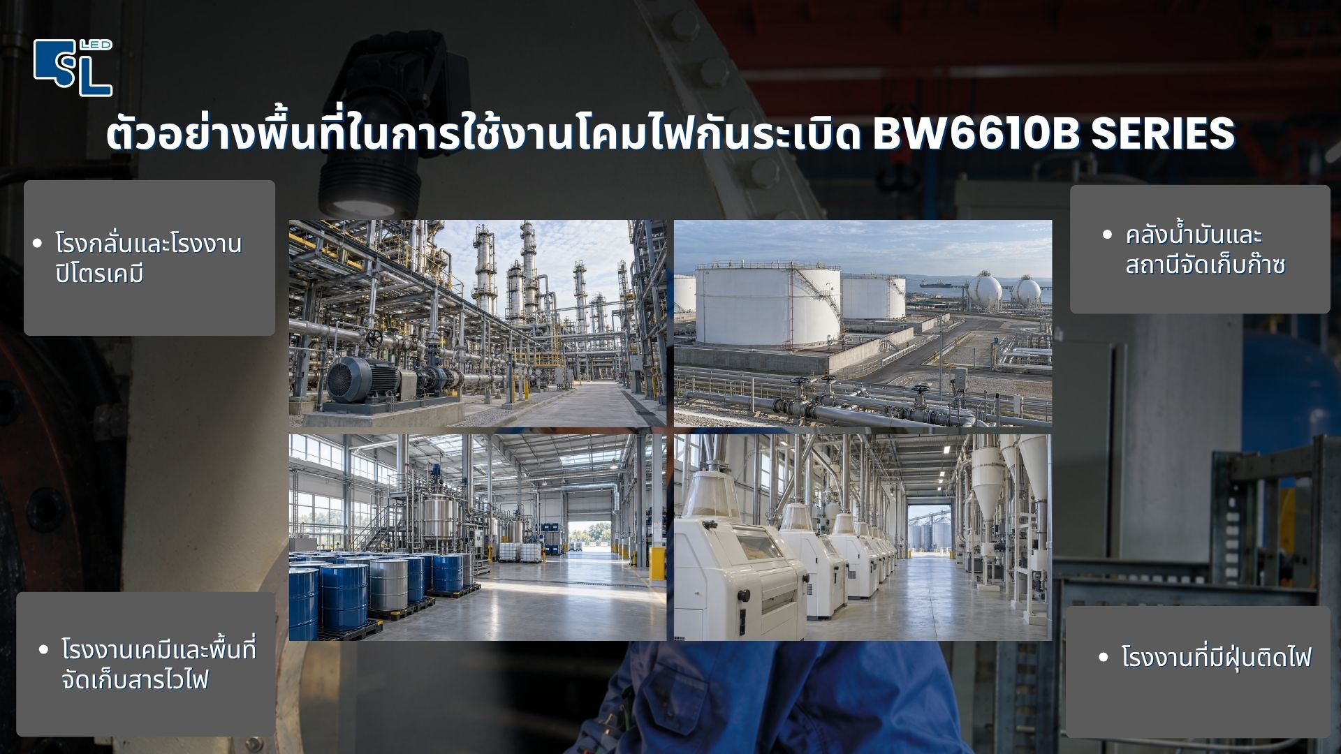 ตัวอย่างพื้นที่ใช้งานไฟฉายกันระเบิด BW6610B โรงกลั่น คลังน้ำมัน โรงงานเคมี และโรงงานที่มีฝุ่นติดไฟ