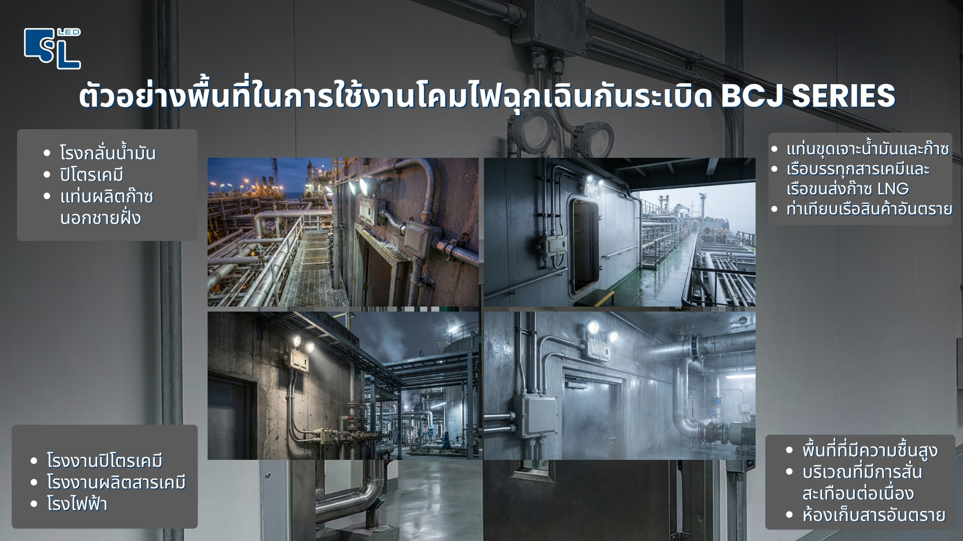 พื้นที่ใช้งานโคมไฟฉุกเฉินกันระเบิด BCJ Series โรงกลั่นน้ำมัน ปิโตรเคมี แท่นขุดเจาะ