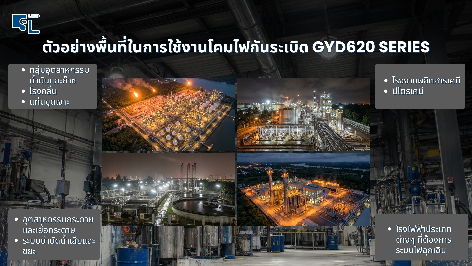 ตัวอย่างพื้นที่ใช้งานโคมไฟกันระเบิด LED ไฮเบย์ GYD620 Series ในโรงงานอุตสาหกรรมและปิโตรเคมี