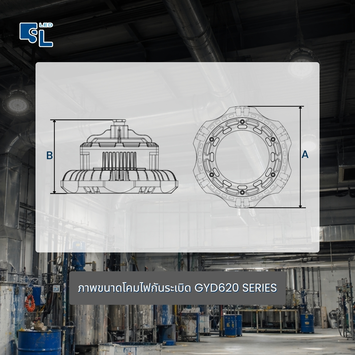 ภาพขนาดโคมไฟกันระเบิด LED ไฮเบย์ GYD620 Series Dimension A B