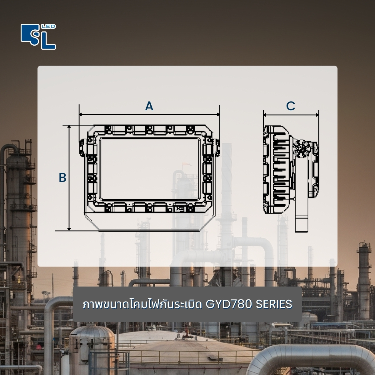 ภาพขนาดโคมไฟกันระเบิด LED ฟลัดไลท์ GYD780 Series Dimension A B C