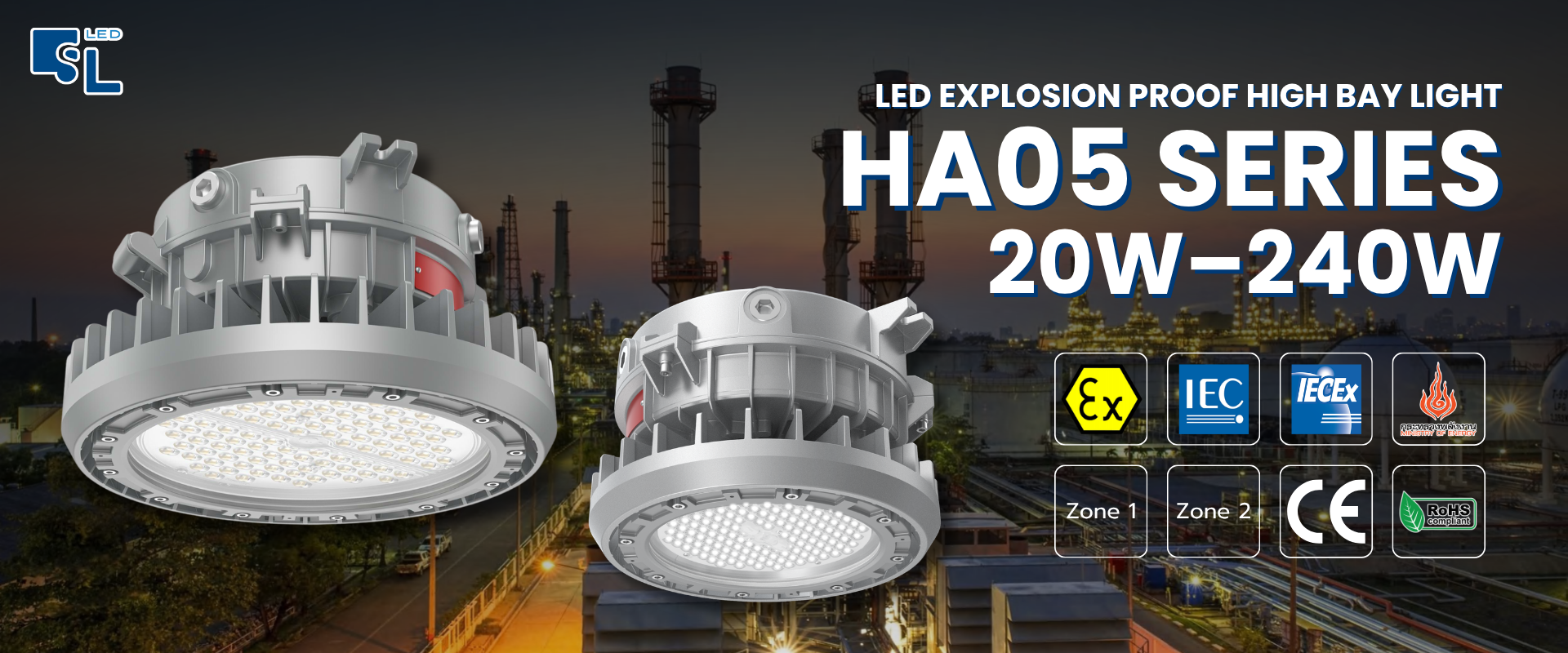 โคมไฟกันระเบิด LED ไฮเบย์ HA05 Series 20W ถึง 240W สำหรับ Zone 1 Zone 2