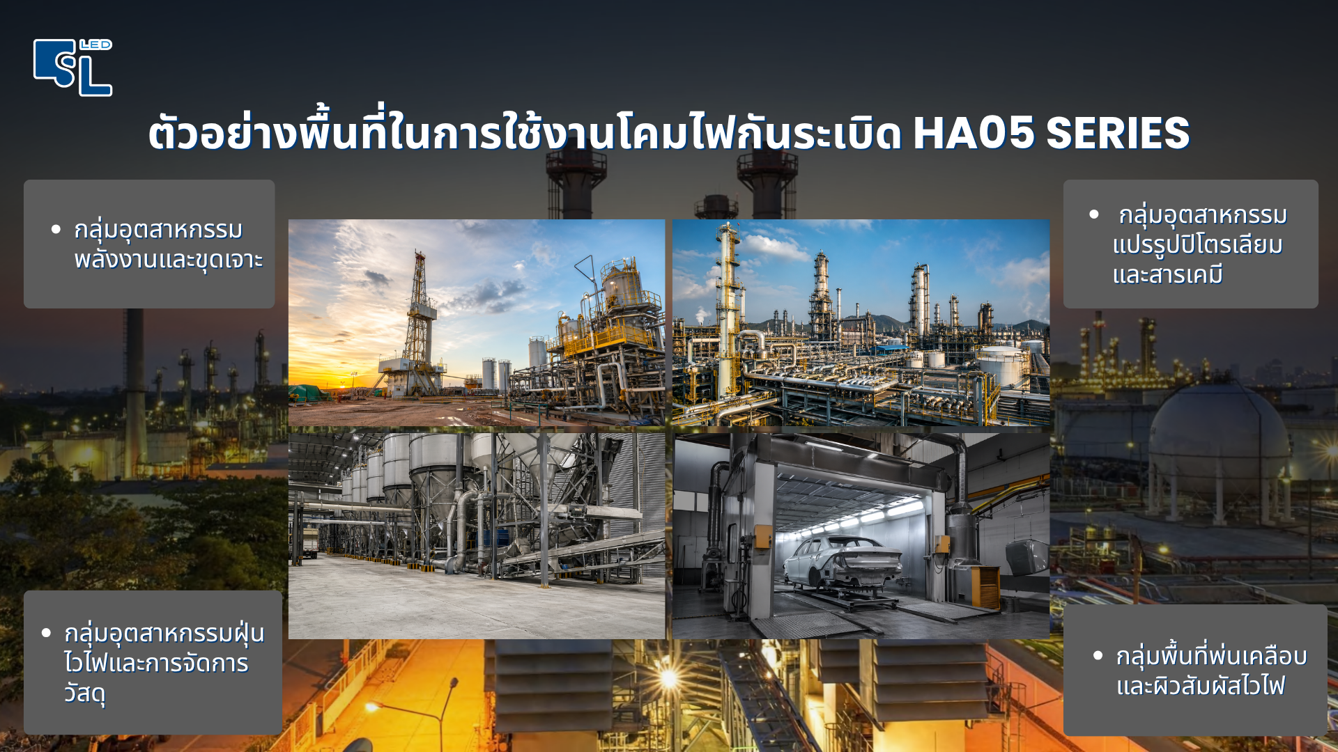 ตัวอย่างพื้นที่ใช้งานโคมไฟกันระเบิด LED ไฮเบย์ HA05 Series ในโรงงานปิโตรเคมีและพื้นที่เสี่ยง
