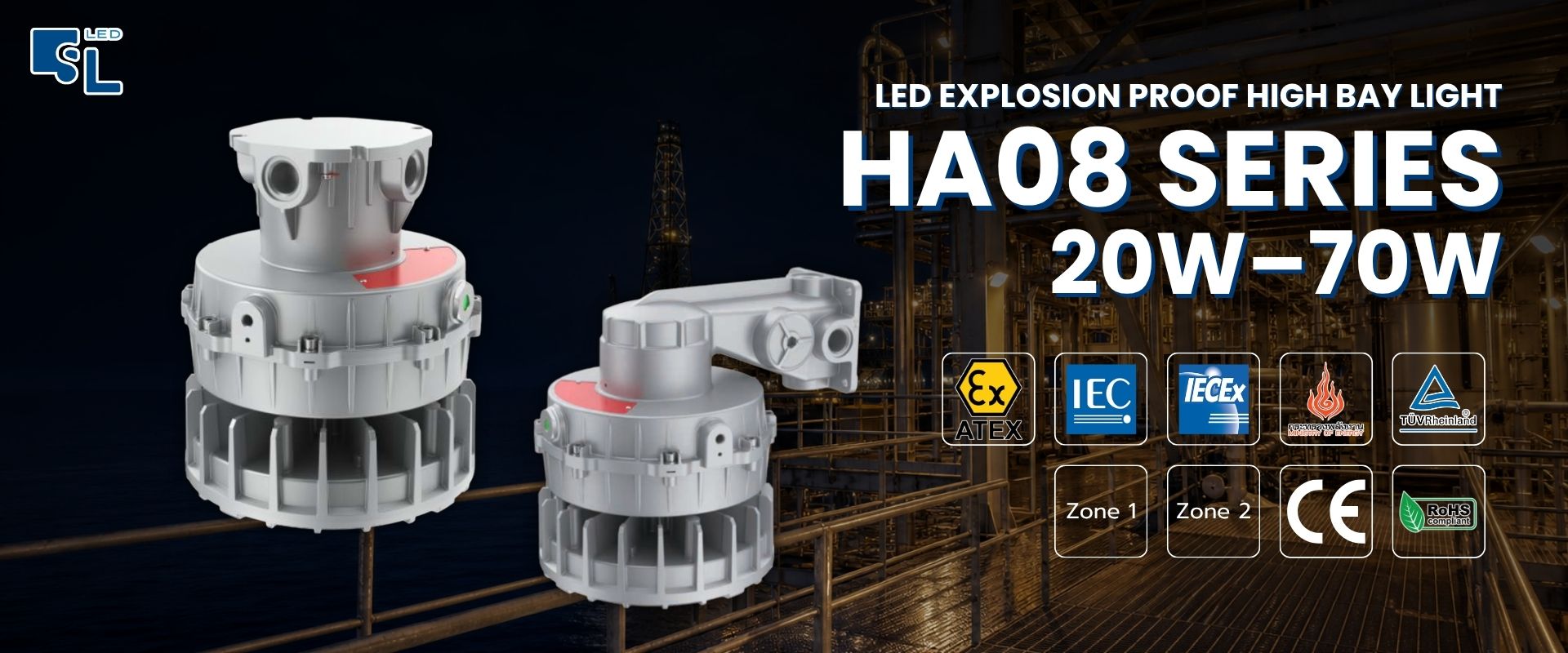 โคมไฟไฮเบย์กันระเบิด HA08 Series LED Explosion Proof High Bay Light Zone 1 Zone 2 โดย SacredLight