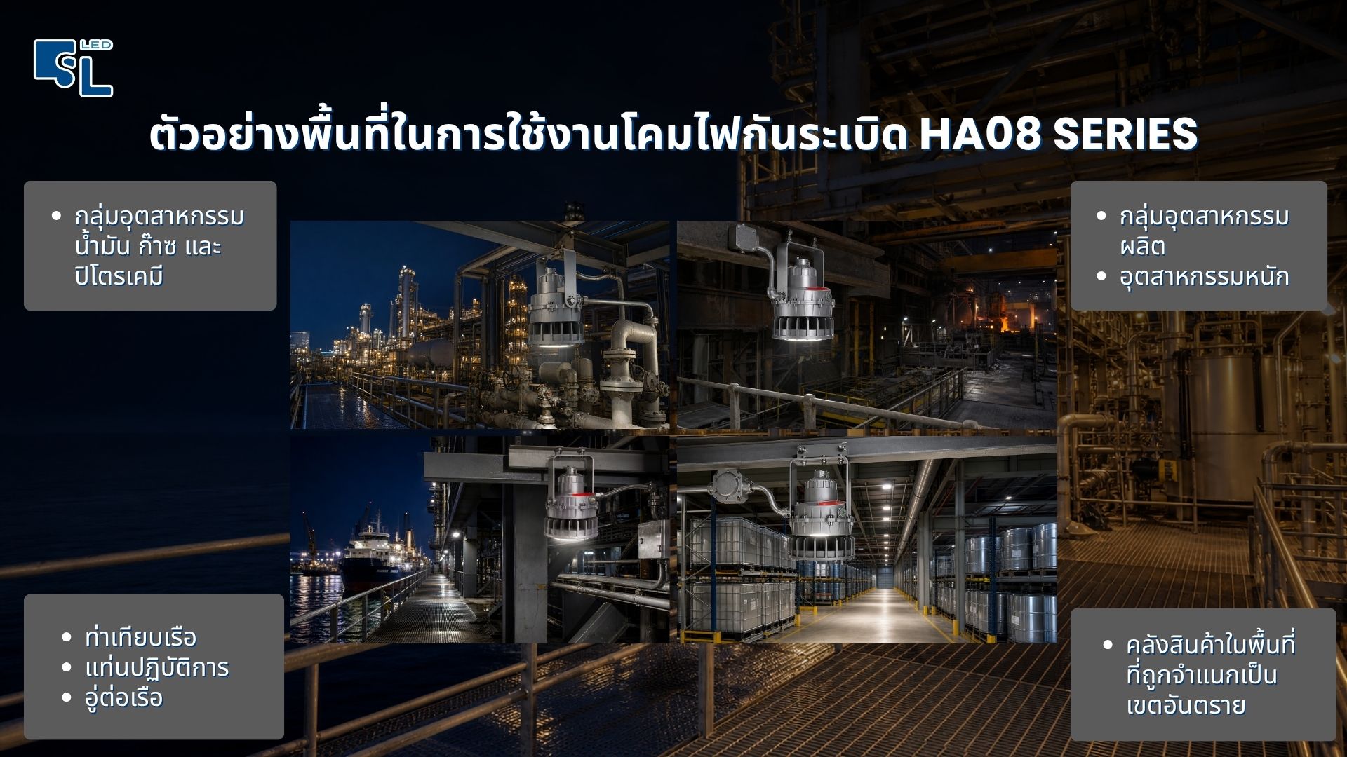 ติดตั้งโคมไฟไฮเบย์กันระเบิด HA08 Series ในโรงกลั่นน้ำมัน ท่าเทียบเรือ โรงงานผลิต และคลังสินค้าเขตอันตราย โดย SacredLight