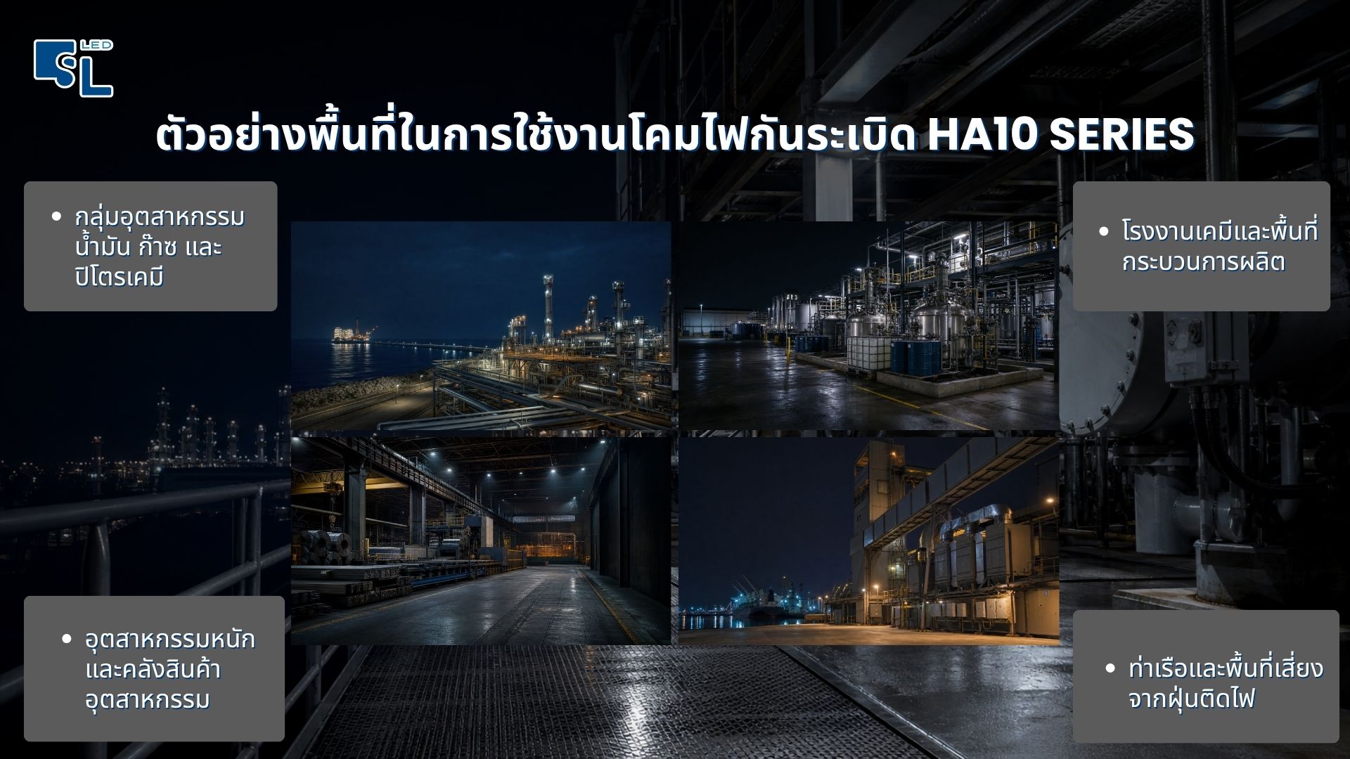 ติดตั้งโคมไฟไฮเบย์กันระเบิด HA10 Series ในโรงกลั่นน้ำมัน โรงงานเคมี อุตสาหกรรมหนัก และท่าเรือ โดย SacredLight