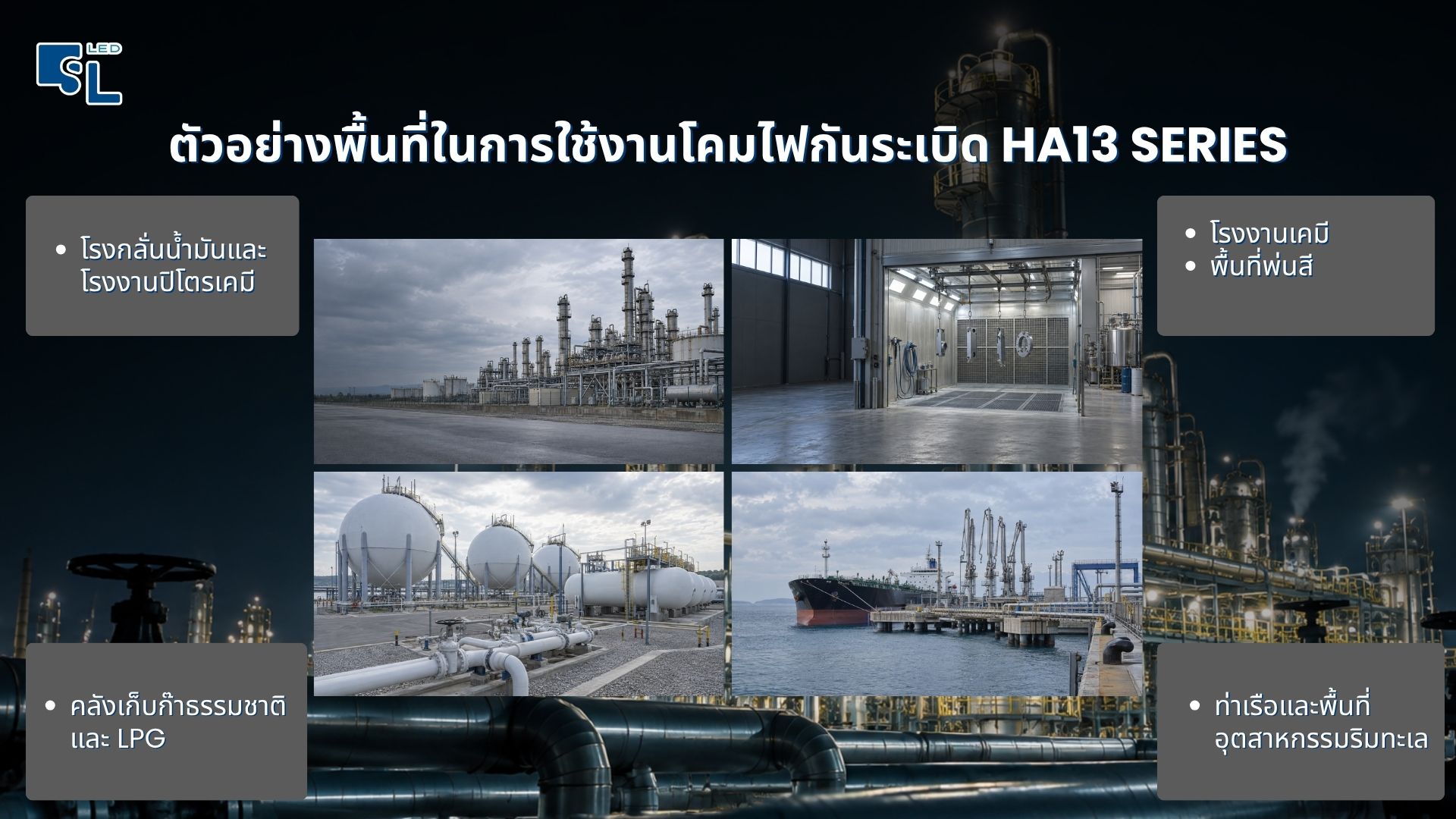 ตัวอย่างพื้นที่ใช้งานโคมไฟฟลัดไลท์กันระเบิด HA13 โรงกลั่น โรงงานเคมี คลังก๊าซ LPG และท่าเรือ