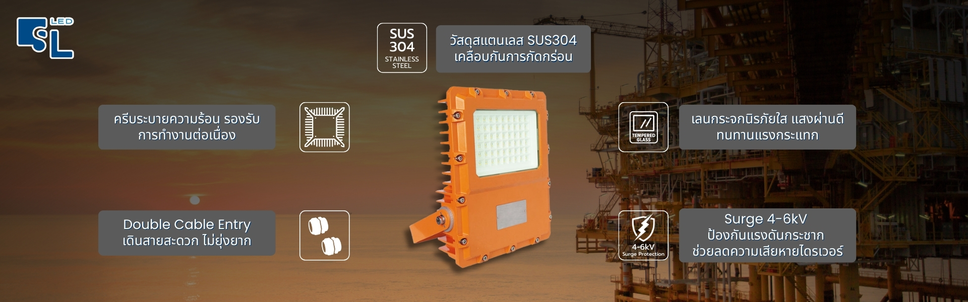 คุณสมบัติเด่นโคมไฟกันระเบิดฟลัดไลท์ LED KLE1027 มาตรฐาน ATEX IECEx เดินสายสะดวก