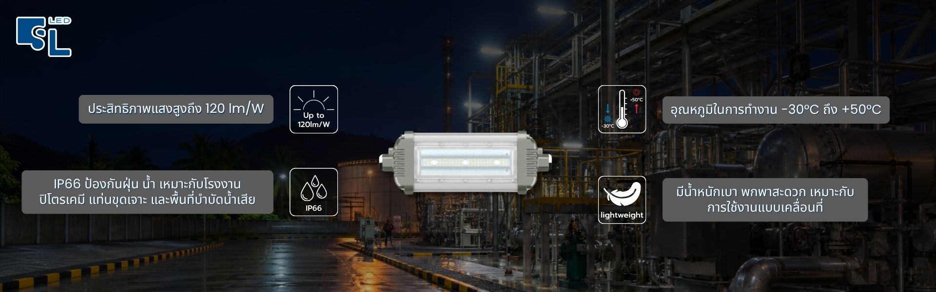 จุดเด่นโคมไฟกันระเบิด OHBF52 Series 120 lm/W IP66 น้ำหนักเบา พกพาสะดวก โดย SacredLight