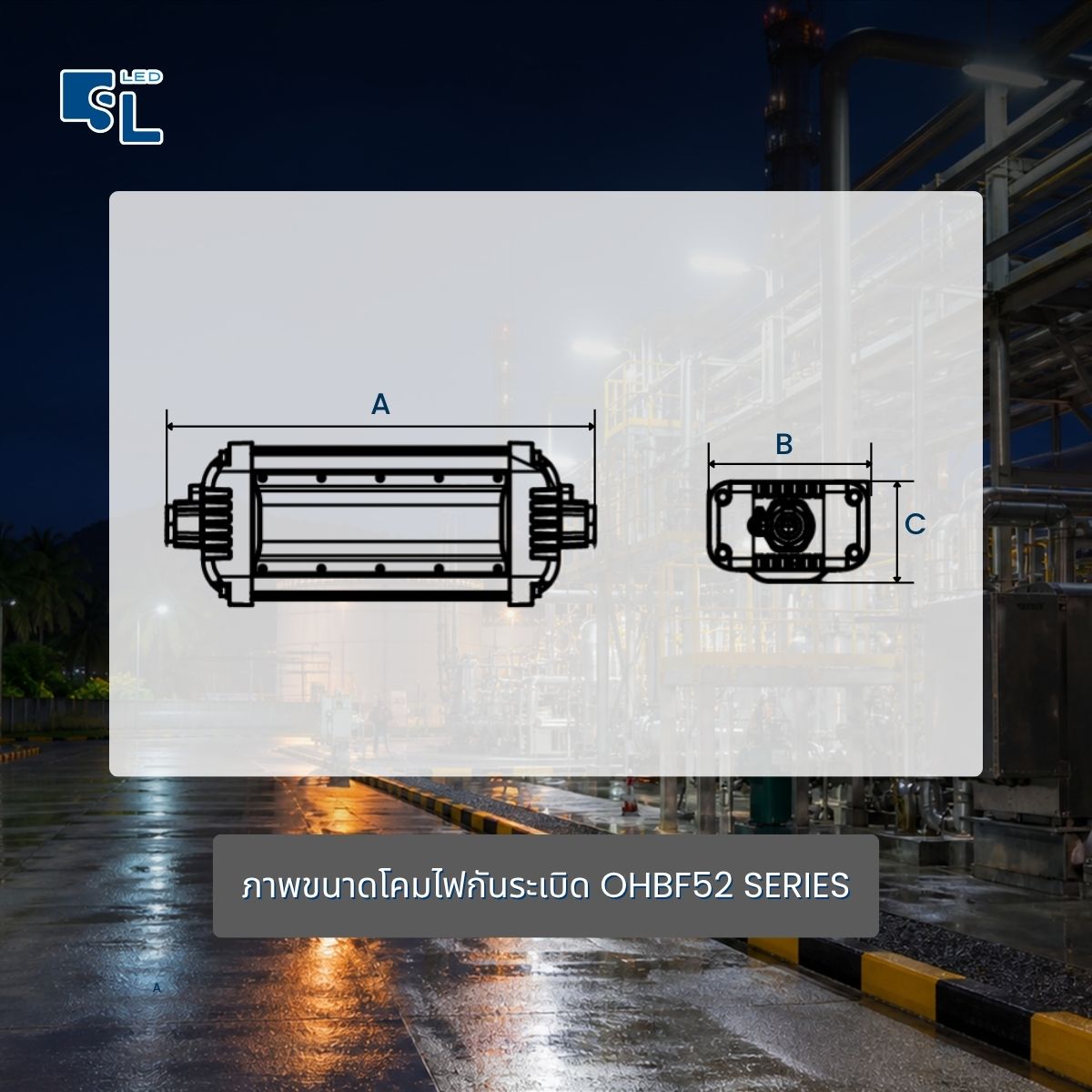 ขนาด Dimension โคมไฟกันระเบิด OHBF52 Series 335x125x77 มิลลิเมตร
