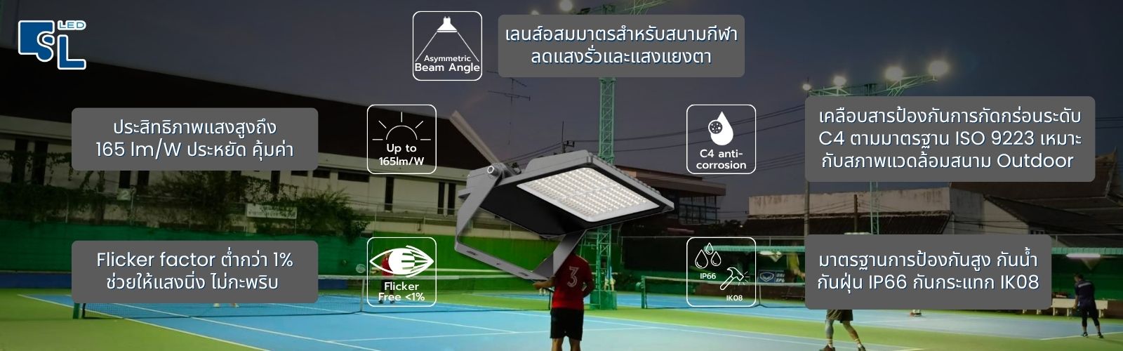 จุดเด่นโคมไฟฟลัดไลท์ MASTER-14 Series 165lm/W IP66 IK08 C4 Surge Protection