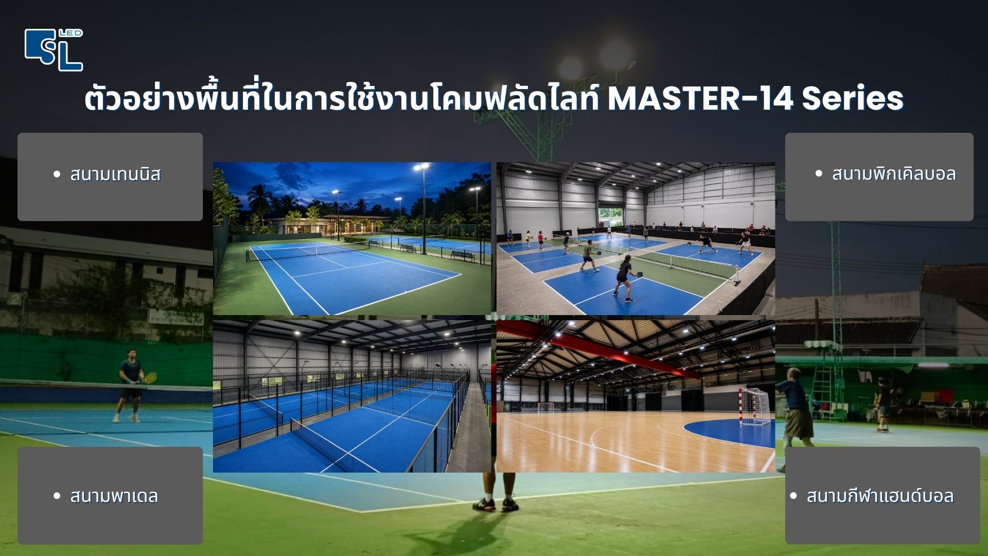 ตัวอย่างพื้นที่ใช้งานโคมไฟฟลัดไลท์ MASTER-14 สนามเทนนิส พิกเคิลบอล พาเดล แฮนด์บอล