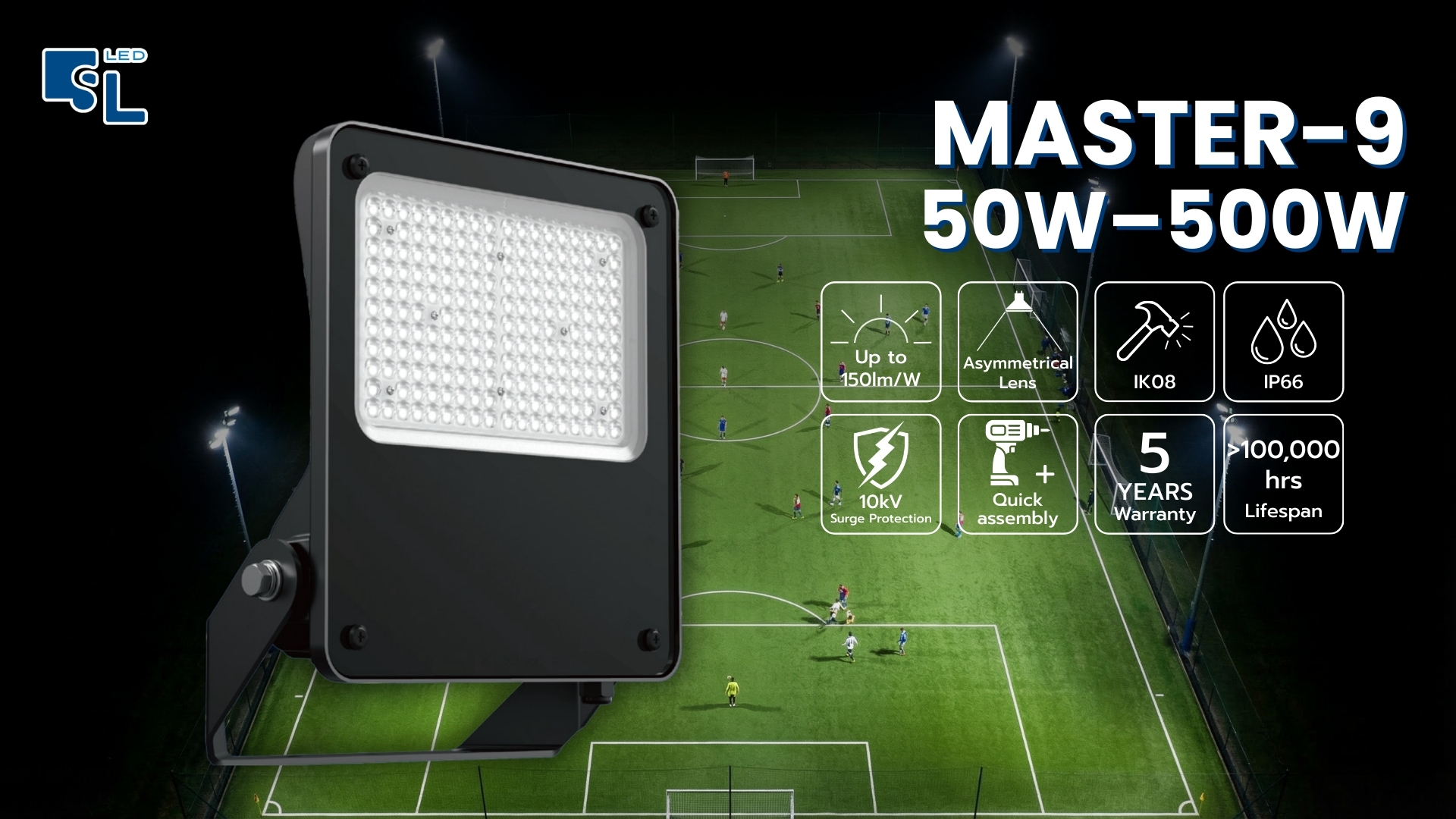 โคมไฟฟลัดไลท์ 400W รุ่น MASTER-9 สว่างสูงสุด 150lm/W