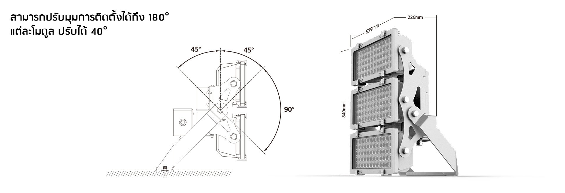 ตัวโคมไฟฟลัดไลท์ X Series สามารถติดตั้งได้ 180องศา และแต่ละโมดูลสามารถปรับได้ 40 องศา