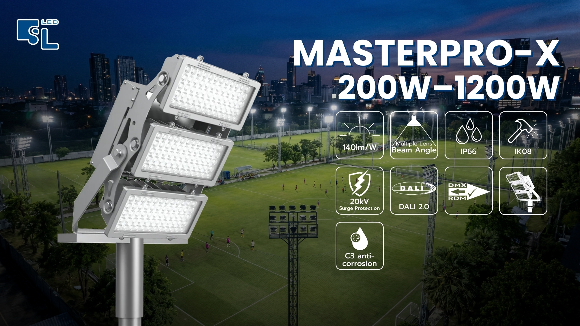 โคมไฟสปอร์ตไลท์ สำหรับสนามกีฬา LED MASTERPRO-X Series สว่างสูงสุด 140lm/W