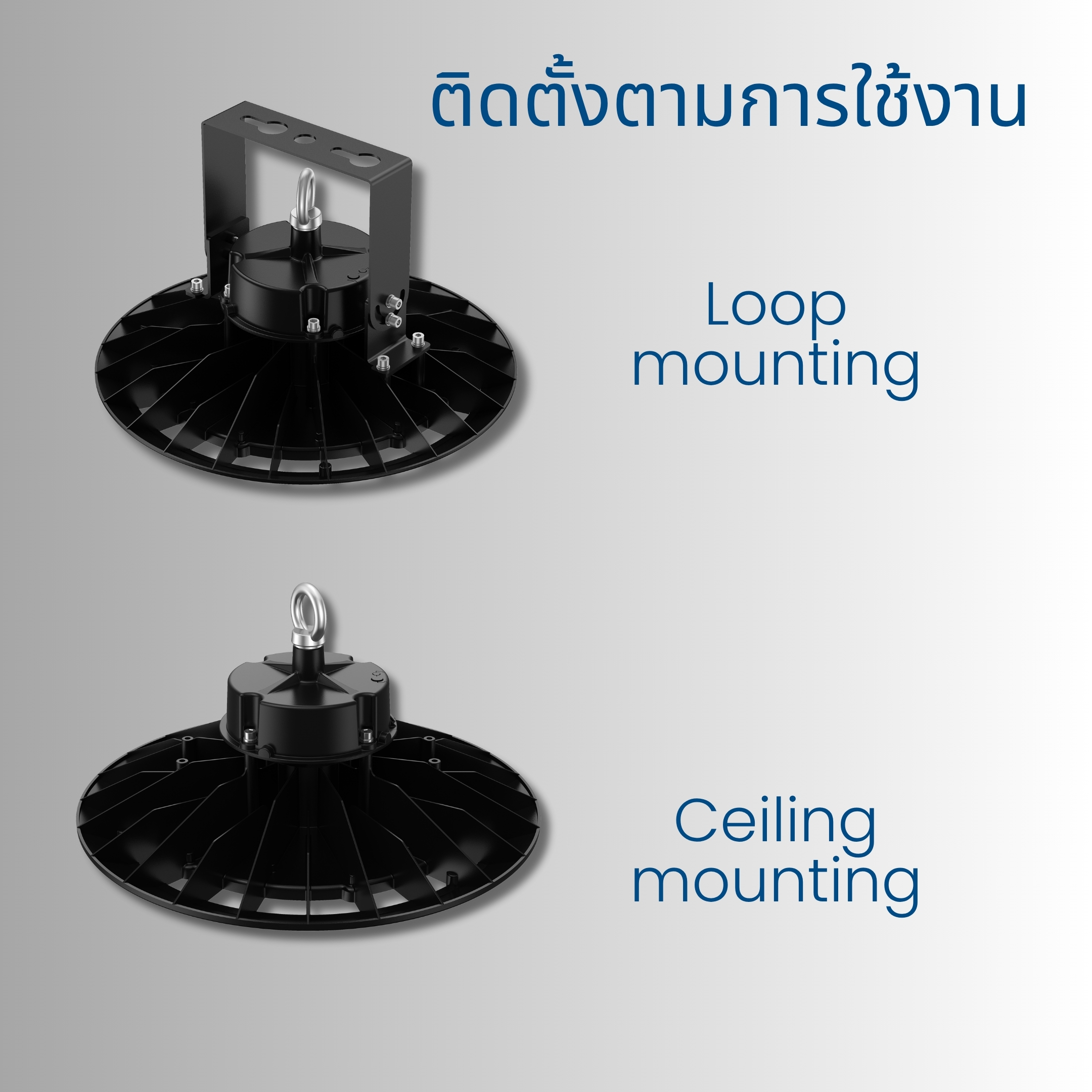 มาตรฐานการป้องกัน IP65&IK08 Loop Mounting สำหรับแขวนห่วง  Ceiling Mounting สำหรับติดตั้งบนเพดานโดยตรง เพิ่มความยืดหยุ่นในการออกแบบและติดตั้งในทุกสภาพแวดล้อม
