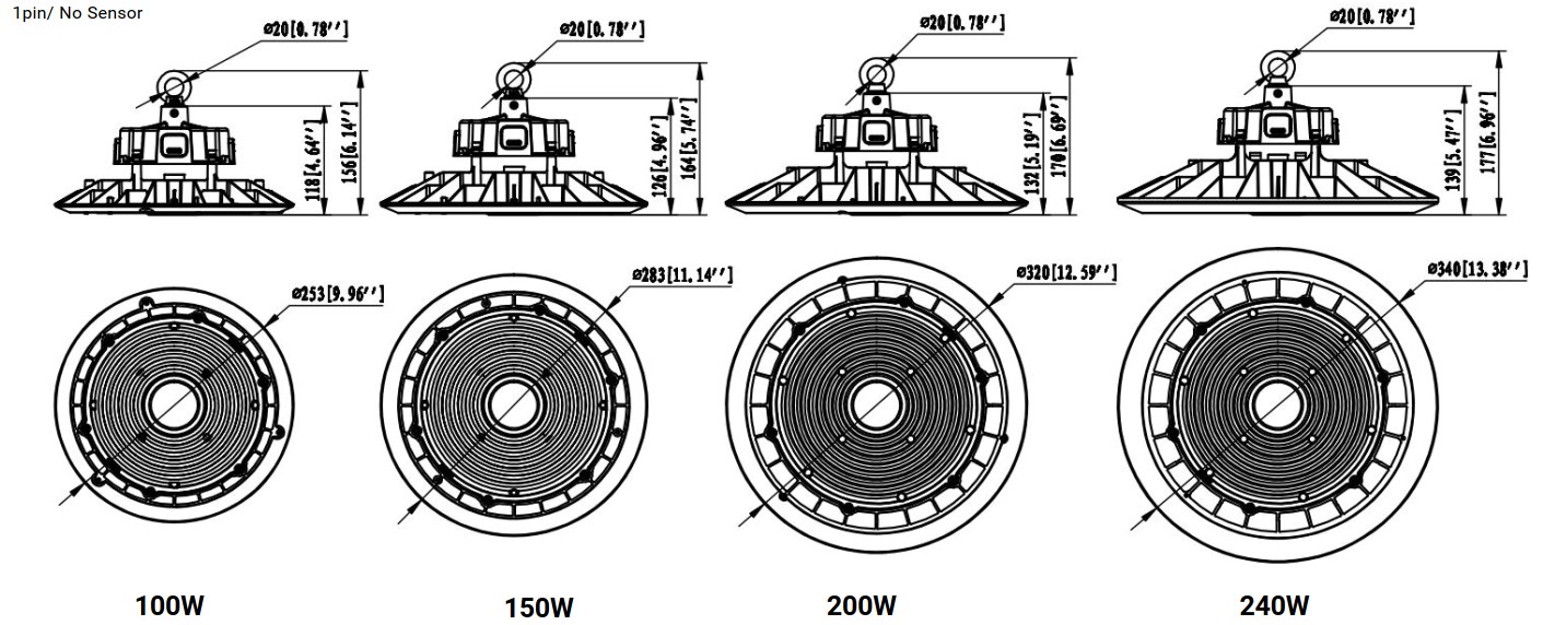 ขนาดของสินค้าโคมไฟไฮเบย์ LED (LED HIGH BAY) รุ่น E14 Series (Dimensions)