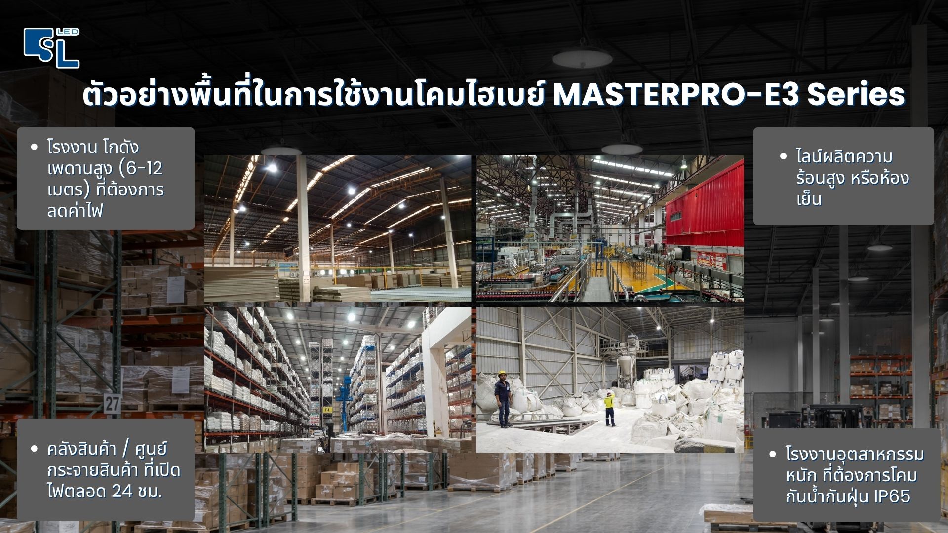 ติดตั้งโคมไฟไฮเบย์ LED MASTERPRO-E3 ในโรงงาน คลังสินค้า และไลน์ผลิตเพดานสูง