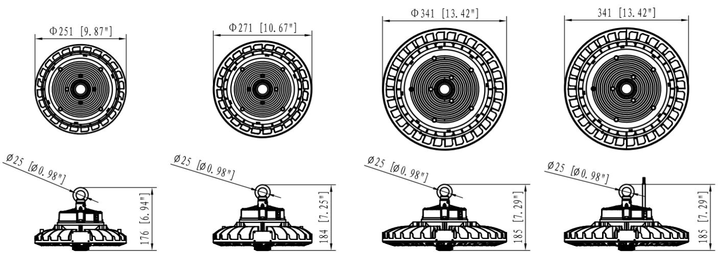 ภาพขนาดโคมไฟไฮเบย์ LED E7 Series 100-200W