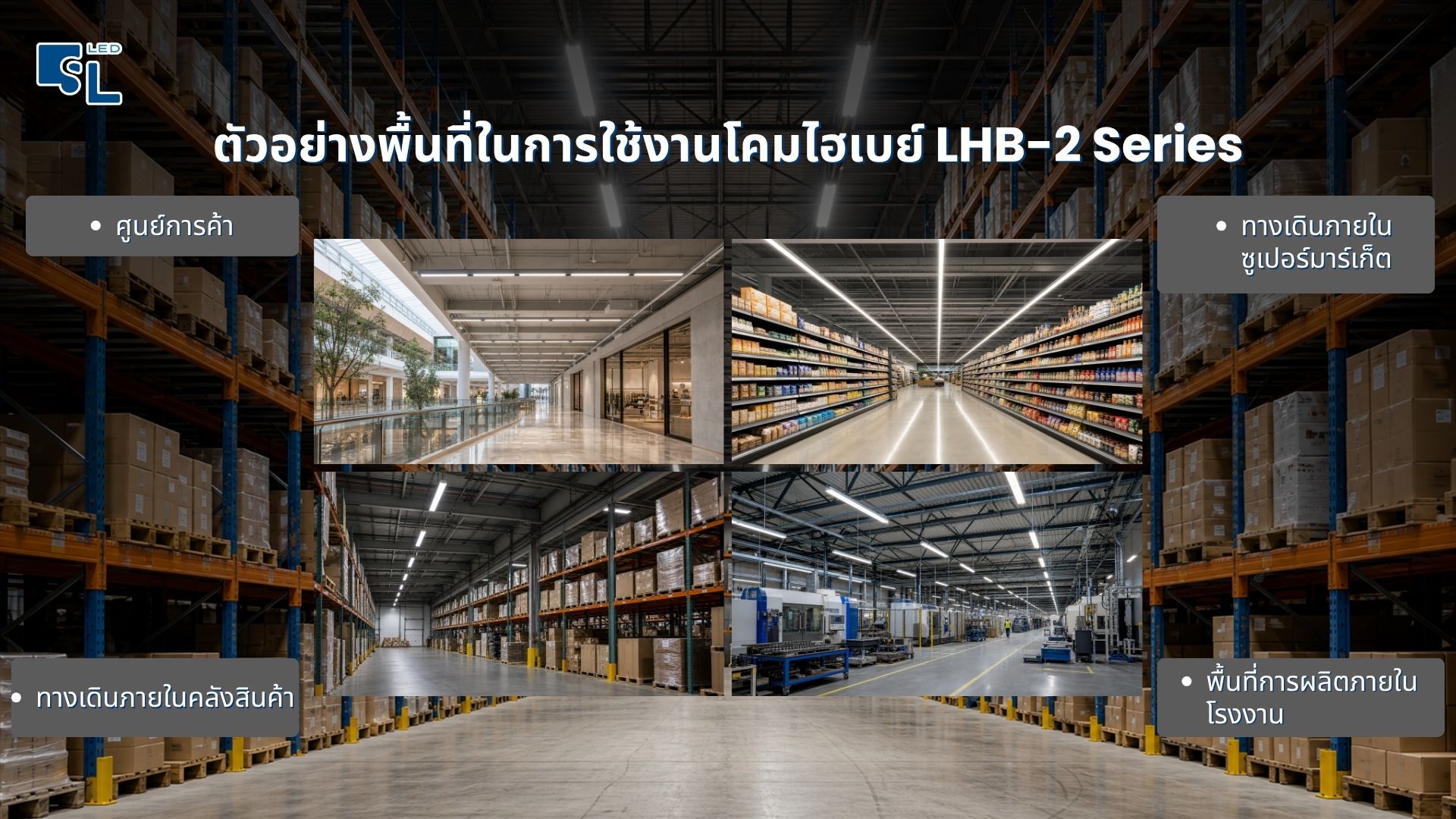 ตัวอย่างพื้นที่ใช้งานโคมไฟไฮเบย์ LHB-2 Series ศูนย์การค้า ซูเปอร์มาร์เก็ต คลังสินค้า โรงงาน โดย SacredLight