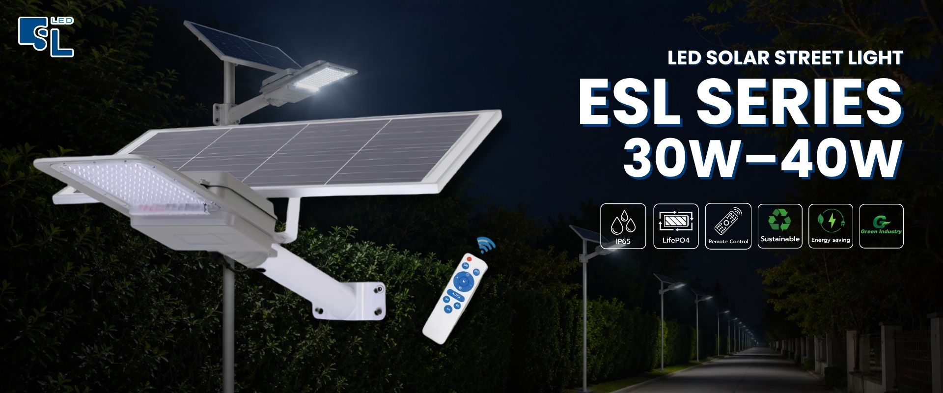 โคมไฟถนนโซล่าเซลล์ All-in-Two ESL Series 40W และ 50W รีโมทตั้งเวลาอัจฉริยะ โดย SacredLight