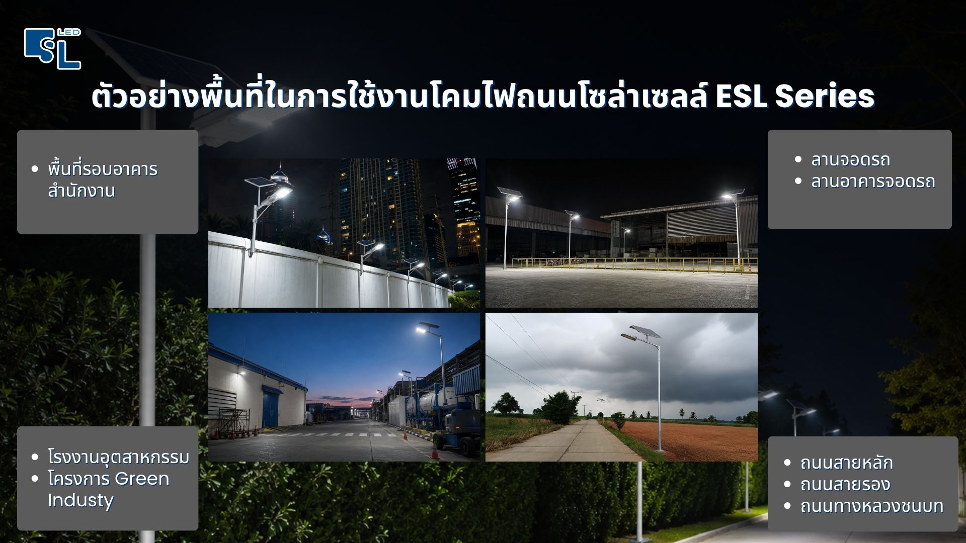 ติดตั้งโคมไฟถนนโซล่าเซลล์ ESL Series ในพื้นที่รอบอาคารสำนักงาน ลานจอดรถ โรงงาน และถนนสายหลัก โดย SacredLight