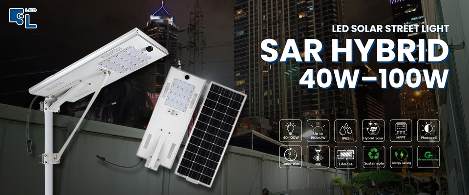 โคมไฟถนนโซล่าเซลล์ไฮบริด SAR Hybrid สำหรับถนนและพื้นที่สาธารณะ
