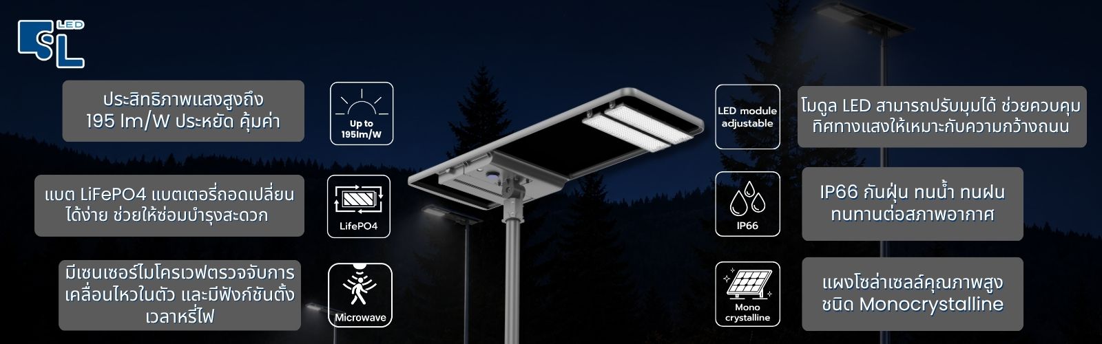 จุดเด่นโคมไฟถนนโซล่าเซลล์ SAST-2 Series แผง Monocrystalline แบต LiFePO4 IP66 และ Microwave Sensor