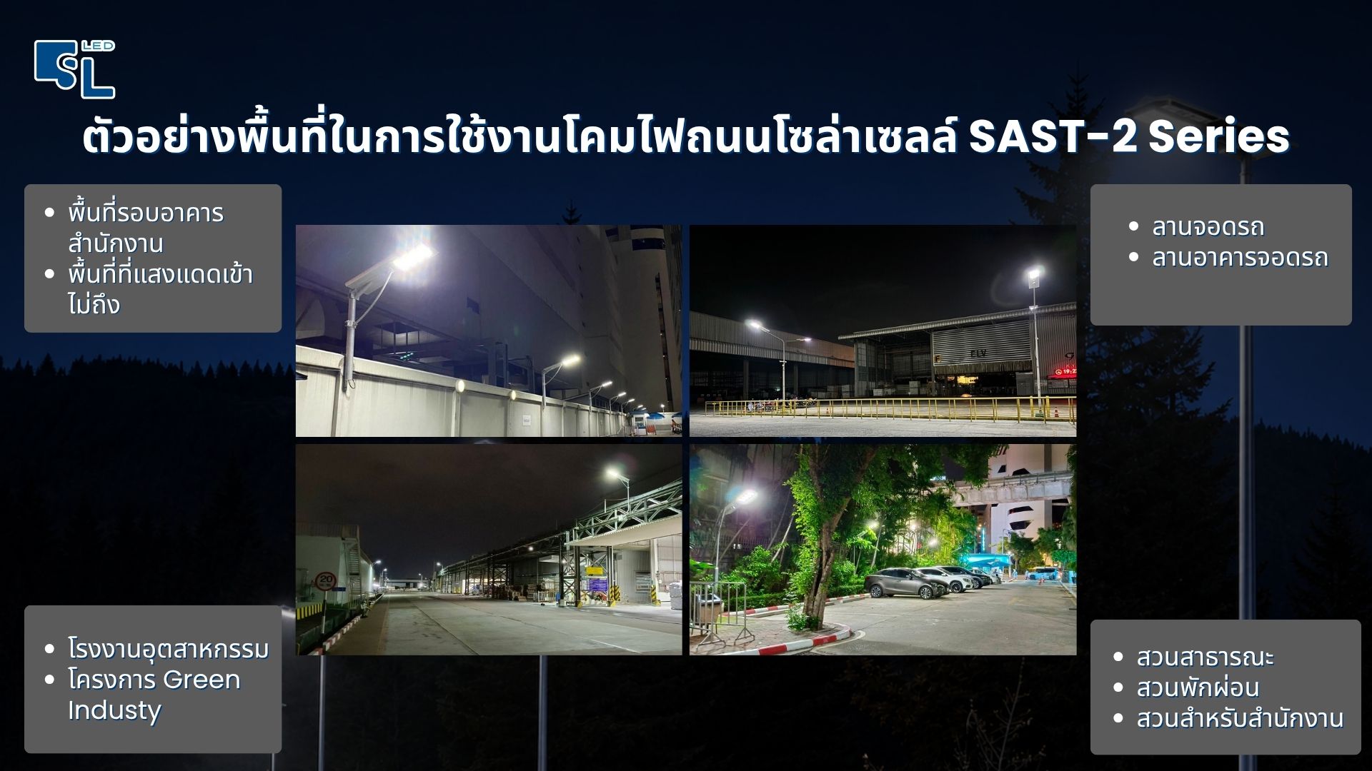 ตัวอย่างพื้นที่ติดตั้งโคมไฟถนนโซล่าเซลล์ SAST-2 Series ถนนโรงงาน ลานจอดรถ สวนสาธารณะ และพื้นที่รอบอาคาร