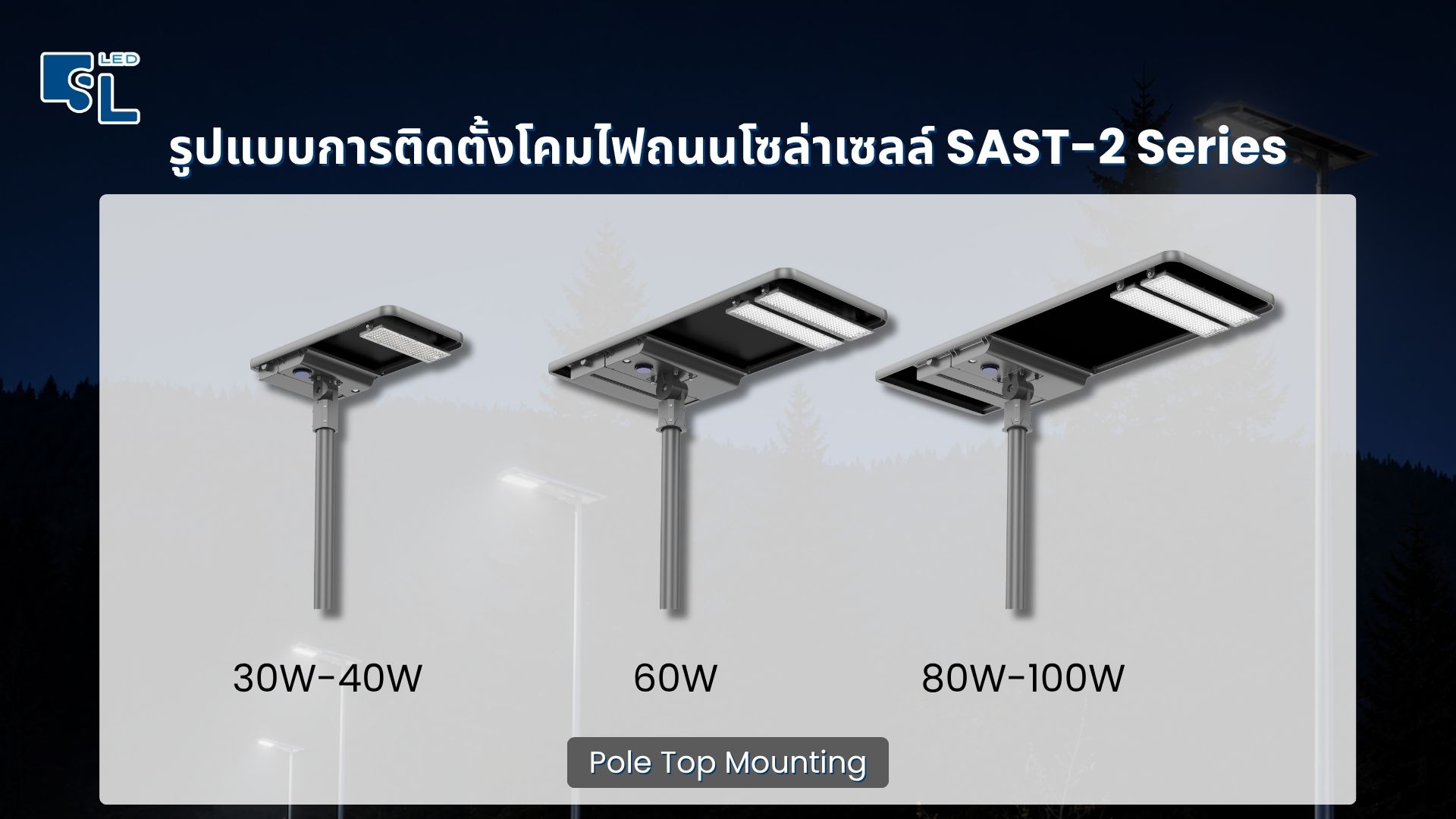 รูปแบบการติดตั้งโคมไฟถนนโซล่าเซลล์ SAST-2 Series Pole Top Mounting